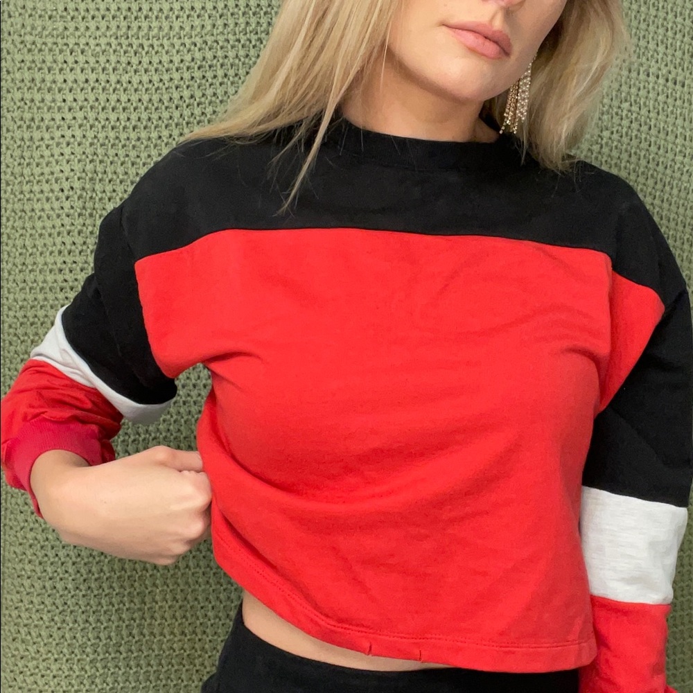 Red black and white sweatshirt
